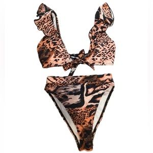 Missguided Animal print frill bikini: ruffle tied top & high leg bottoms NWOT
